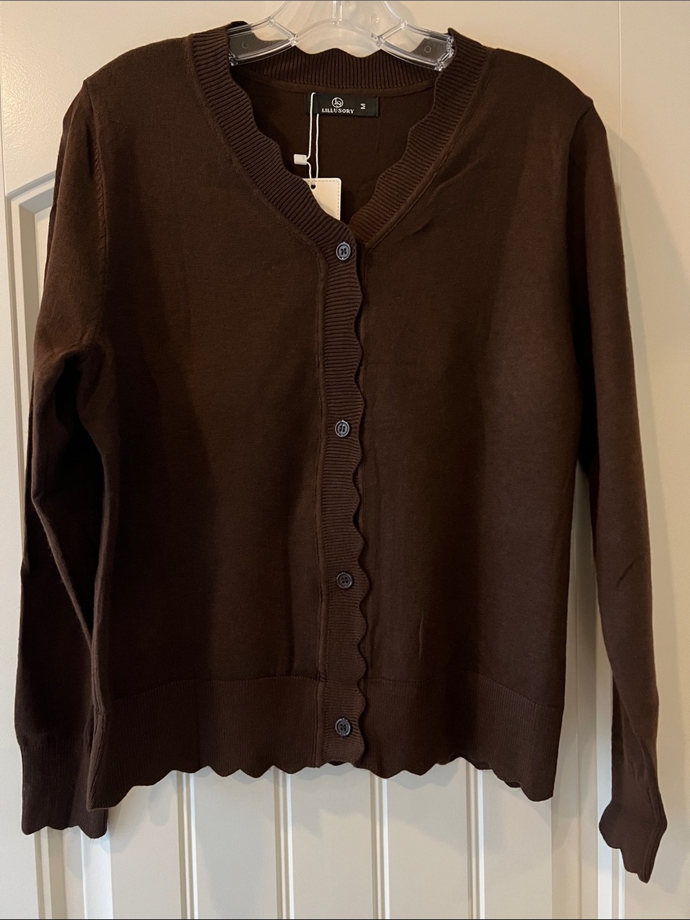 Brown Scalloped-Edge Button Cardigan - Picture 2 of 5
